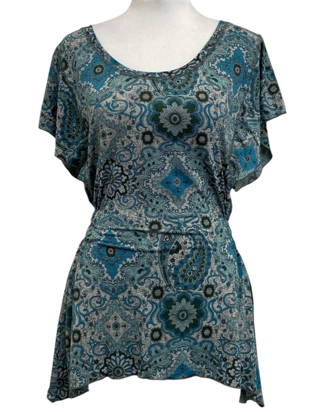Charlotte Russe Y2K Blue Gray Floral Paisley Flutter Sleeve Sharkbite Tunic Top